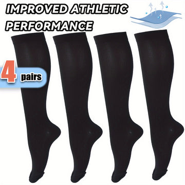 4 Pairs of Ultra-Comfortable Compression Socks - Compression for Women and Men - 15-20mmHg Graduated Support, Over the Calf Design for Maximum Comfort, Ideal for Runners, Nurses, Travelers, and Post-Workout Recovery