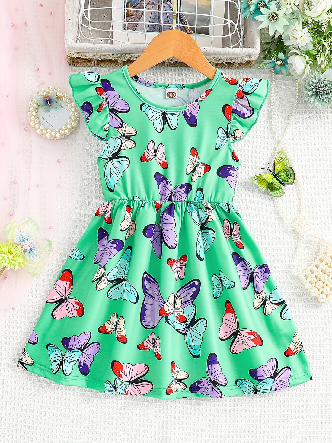 Girls' Sleeveless Butterfly Print Dress - Vibrant Purple Knee-Length Loose Fit with Ruffled Hem, Lightweight Summer Dress for Youngsters & Toddlers, Butterfly Print Dress, Youngsters'S Playwear, Playful Youngsters'S Fashion,