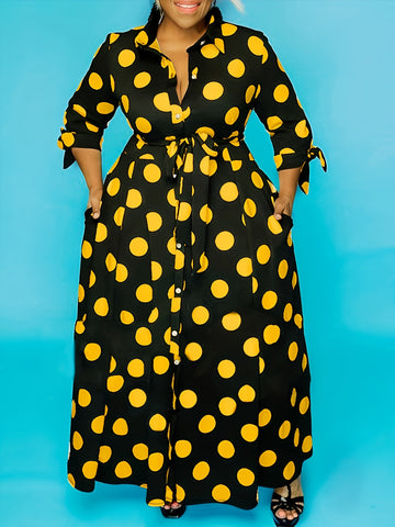 Elegant Plus Size Polka Dots Print Maxi Dress - Women's Button Up Collared Belted