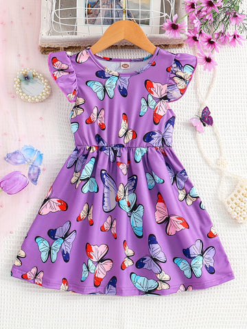 Girls' Sleeveless Butterfly Print Dress - Vibrant Purple Knee-Length Loose Fit with Ruffled Hem, Lightweight Summer Dress for Youngsters & Toddlers, Butterfly Print Dress, Youngsters'S Playwear, Playful Youngsters'S Fashion,