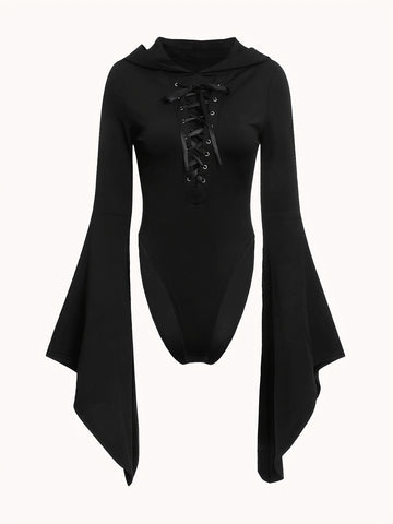 Gothic Drawstring Hooded Slim Bodysuit, Sexy Solid Flare Long Sleeve Waist Bodycon Skinny Hip Hop Punk Style Lace Up Long One Piece Bodysuit, Women's Clothing