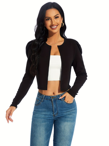 Gigot Sleeve Open Front Crop Jacket, Solid Casual Short Jacket, Women's Clothing