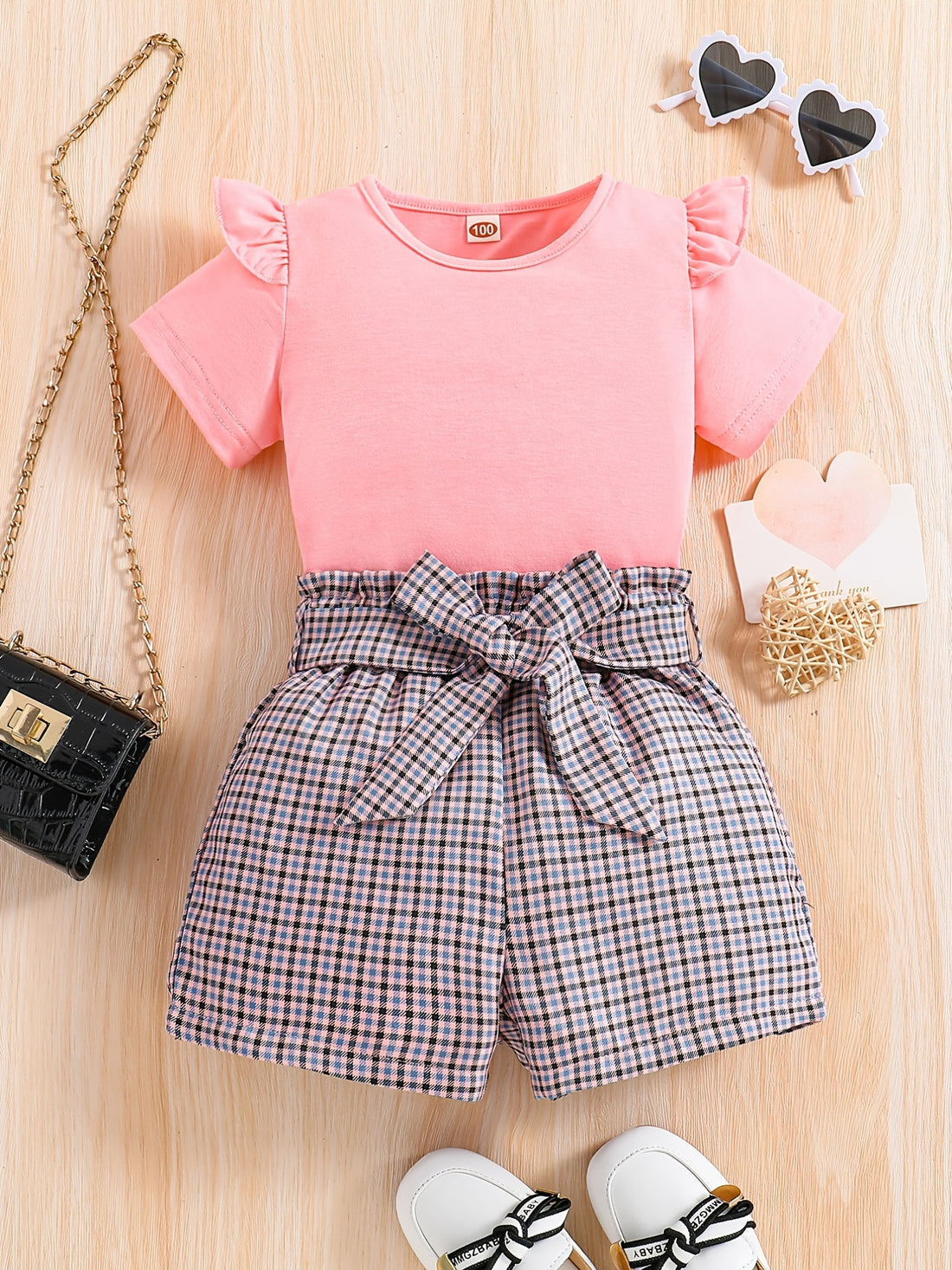Girls' Casual Summer Outfit: Solid Color Round Neck Short Sleeve T-Shirt and Shorts Set with Belted Waistband, Perfect for Outdoor