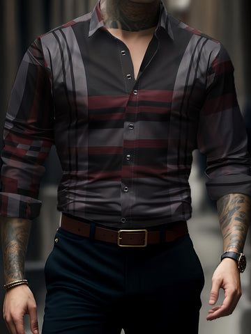 Non-Positional Cut Men's Casual Business Shirt with Plaid Print