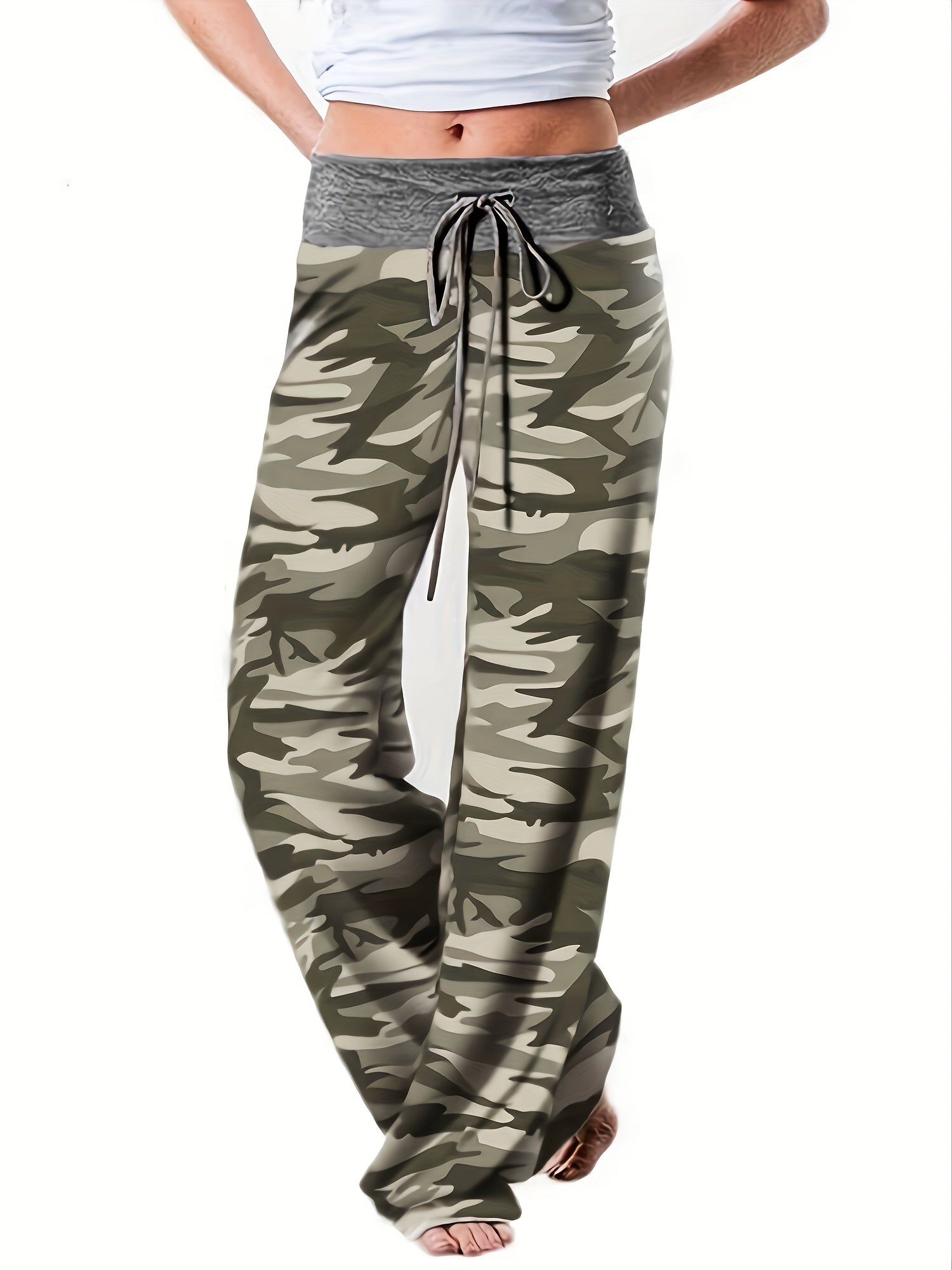 Plus Size Floral Print High Rise Drawstring Long Pants, Women's Plus Slight Stretch Loose Casual Pants