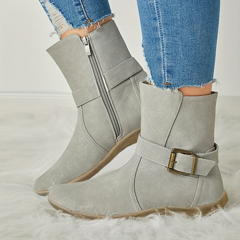 Stylish Women's Ankle Boots with Buckle Strap and Side Zipper - Comfortable Round Toe Short Boots for Fashionable Look