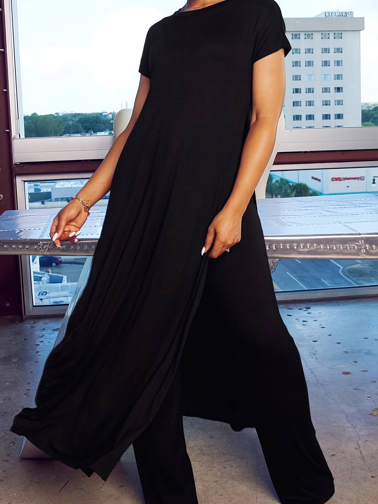 Plus Size Solid Color Split Hem Oversized T-shirt & Pants Set, Women's Plus High Stretch 2pcs Set