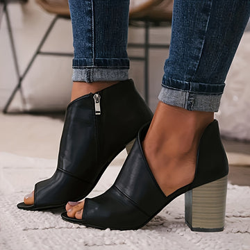 Chic Womens Cut-out Heel Sandals - Peep Toe, Side Zipper Closure, Stable Block Heel - Fashion-forward Stacked Look, Perfect for Stylish Outfits