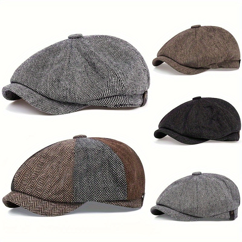 Men&Apos;S Retro Herringbone Flat Cap - Black Casual Beret with Vintage Style, Knitted Polyester, Perfect for Valentine&Apos;S Day, Everyday Headwear | Vintage Flat Cap | Knitted Texture