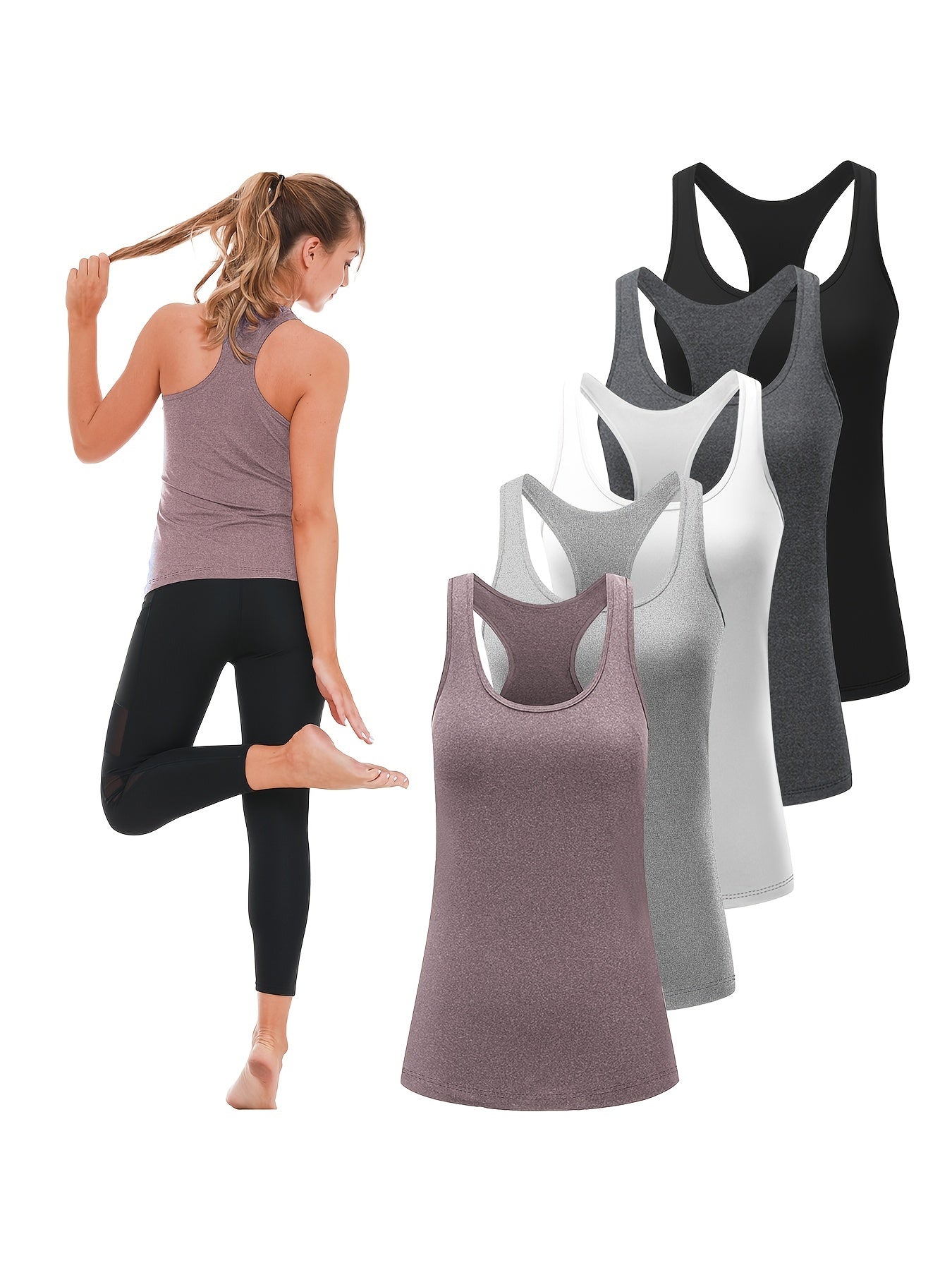 5 Pack TELALEO Women's Workout Tank Tops - Compression Athletic Racerback Sleeveless Shirts, Medium Support Activewear with Off-Shoulder Design, Moisture-Wicking & Machine Washable, Solid Colors (Black/White/Grey/Brown), All-