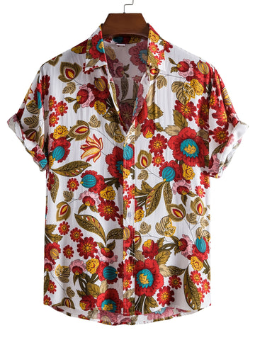 Stylish Mens Floral Short Sleeve Shirt - Breathable Cotton Blend, Relaxed Fit, Lapel Collar, Button Front, Hand Washable - Perfect for Casual Summer Outings