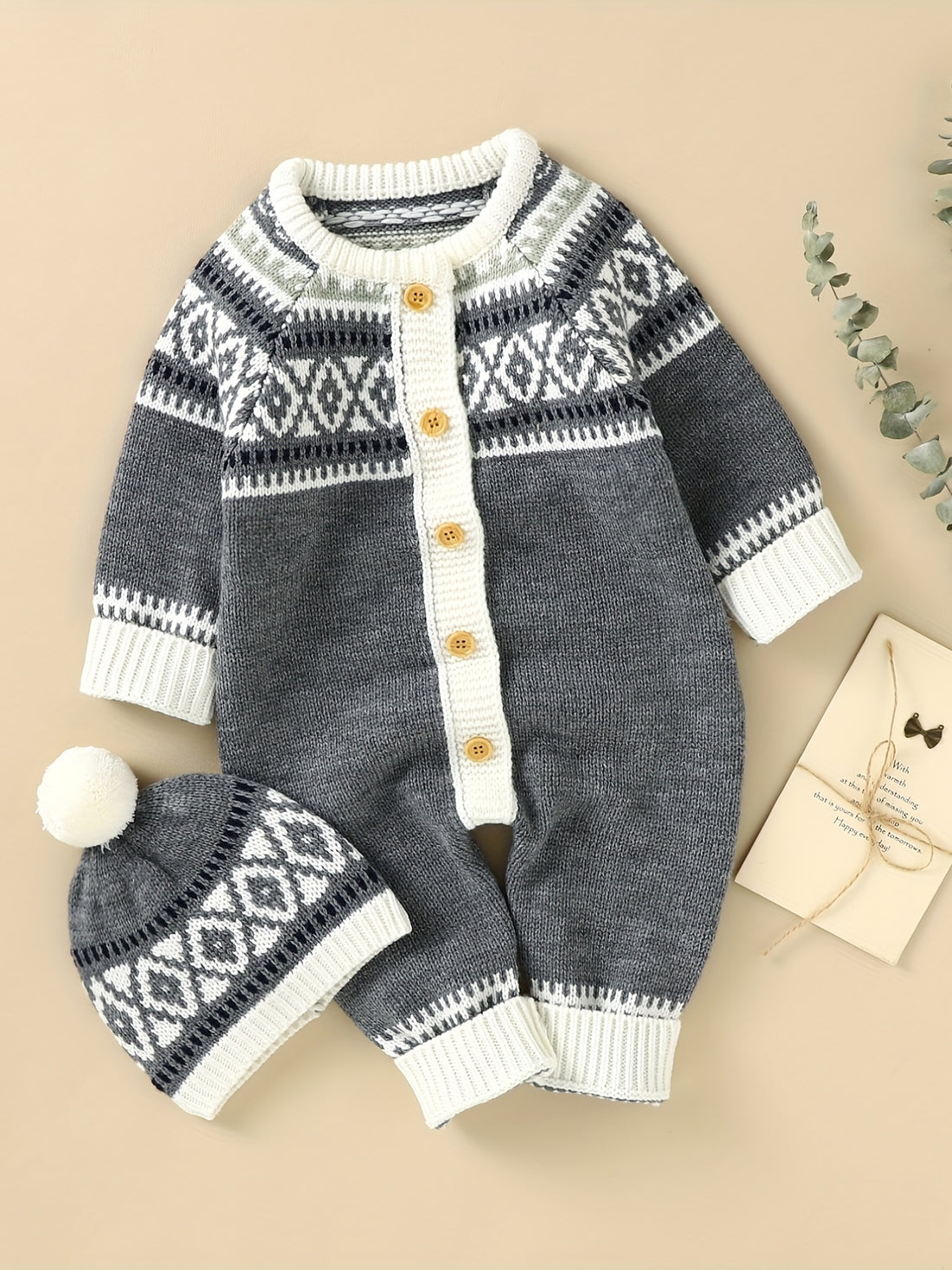 Newborn Infant Geometric Pattern Sweater Romper Long Sleeve Button Jumpsuit & Hat For Toddler Baby Boys And Girls, Suitable For Indoor And Outdoor Wear