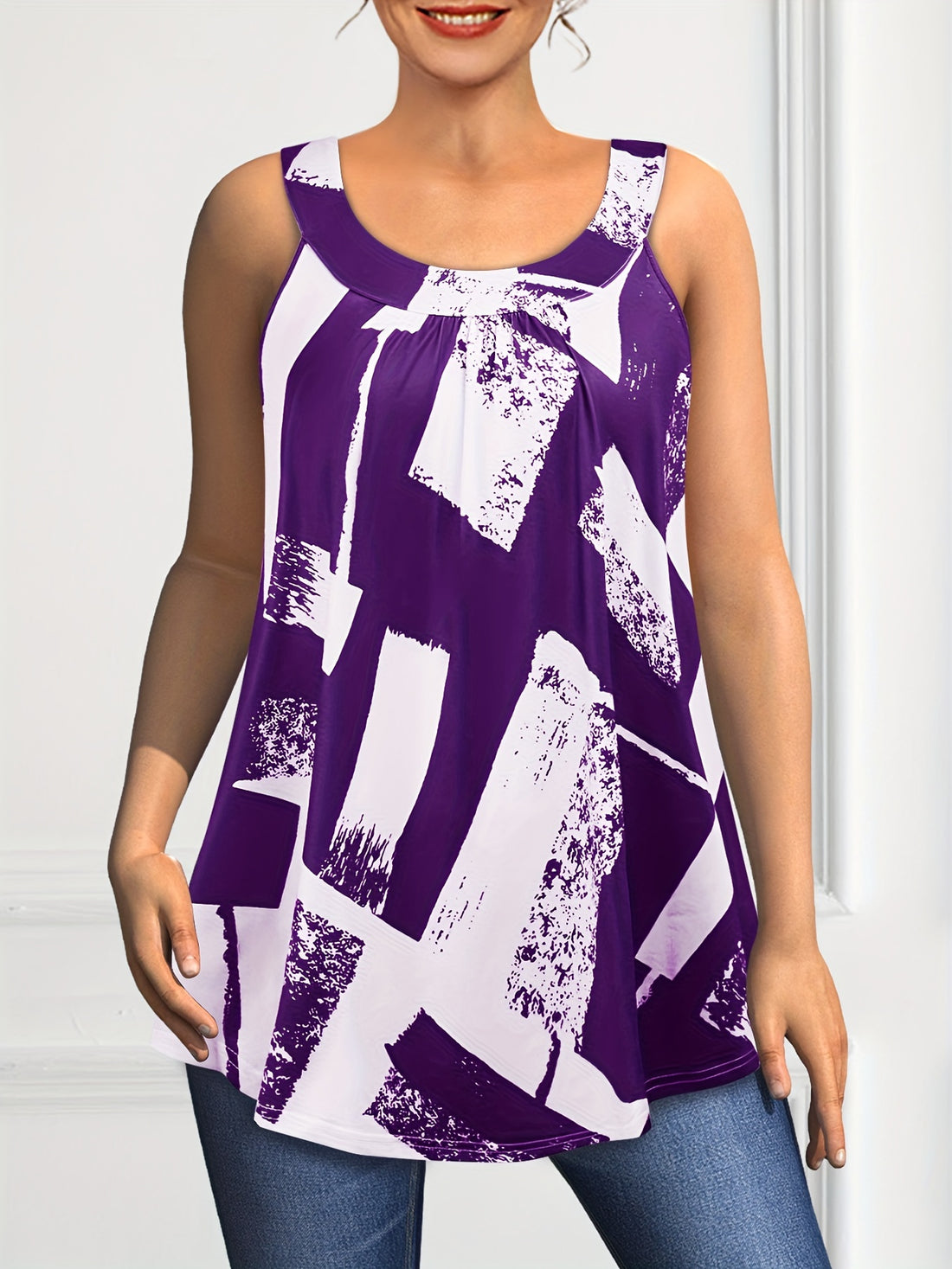 Plus Size Round Neck Colorblock Curved Hem Casual Tank Top