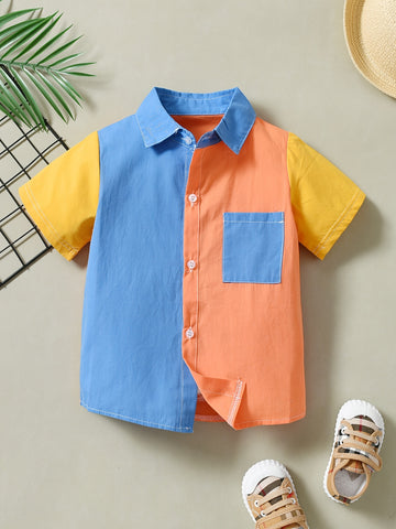 Boys' Summer Casual Color Block Button-Down Shirt with Cardigan Collar, Easy-Care Polyester