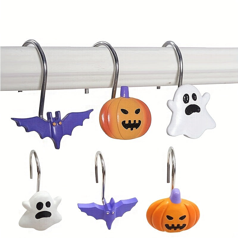 12pcs Halloween Shower Curtain Hooks, Horror Gothic Halloween Bathroom Decoration Accessories, Scary Pumpkin Bats Ghost Ornaments, Decorative Shower Rings, Metal Resin