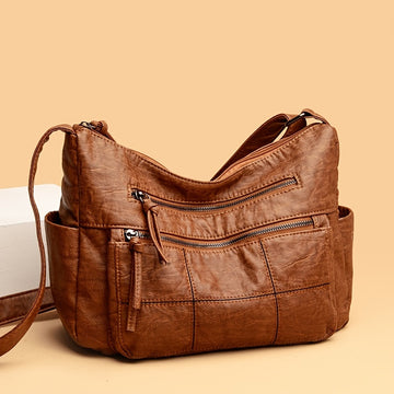 Women'S Retro Synthetic Faux Leather Shoulder Bag, Solid Color, Large Capacity, Adjustable Strap, Zipper Closure, Polyester Lined, Foldable Design for Various Occasions