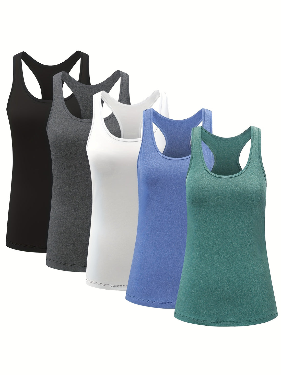 5 Pack TELALEO Women's Workout Tank Tops - Compression Athletic Racerback Sleeveless Shirts, Medium Support Activewear with Off-Shoulder Design, Moisture-Wicking & Machine Washable, Solid Colors (Black/White/Grey/Brown), All-