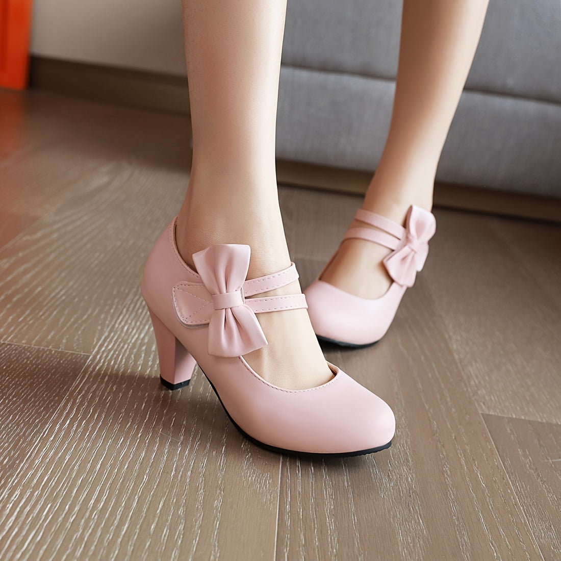 [Fashion Pumps] Fashion PU Leather Round Toe Pumps Kitten Heels | Bowknot Ankle Straps Women's Footwear, Chunky Shoes, Dance Work Dress