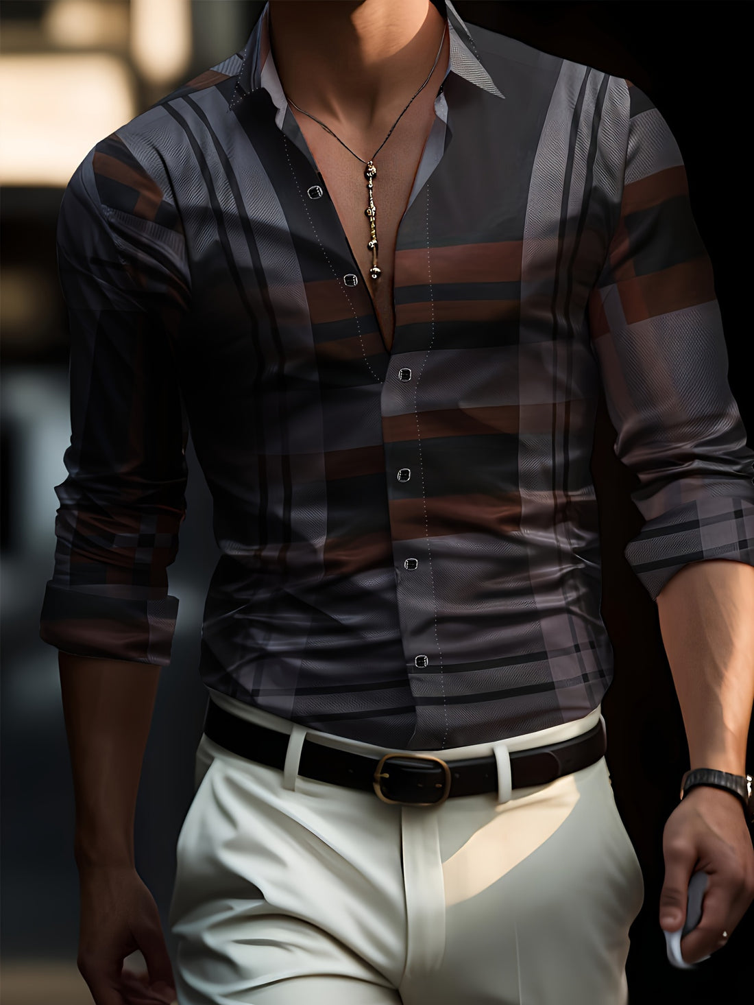 Non-Positional Cut Men's Casual Business Shirt with Plaid Print