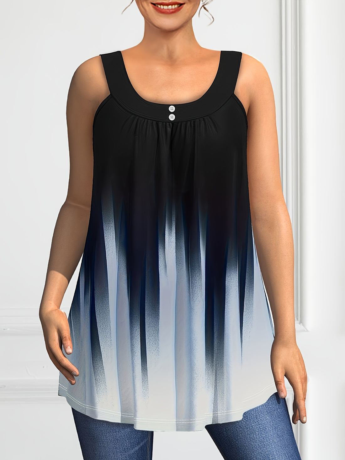 Plus Size Solid Color Tank Top with Fashionable Button Detail - Flattering Curve Hemline & Medium Stretch - Classic Crew Neck for Curvy Womens Summer Style