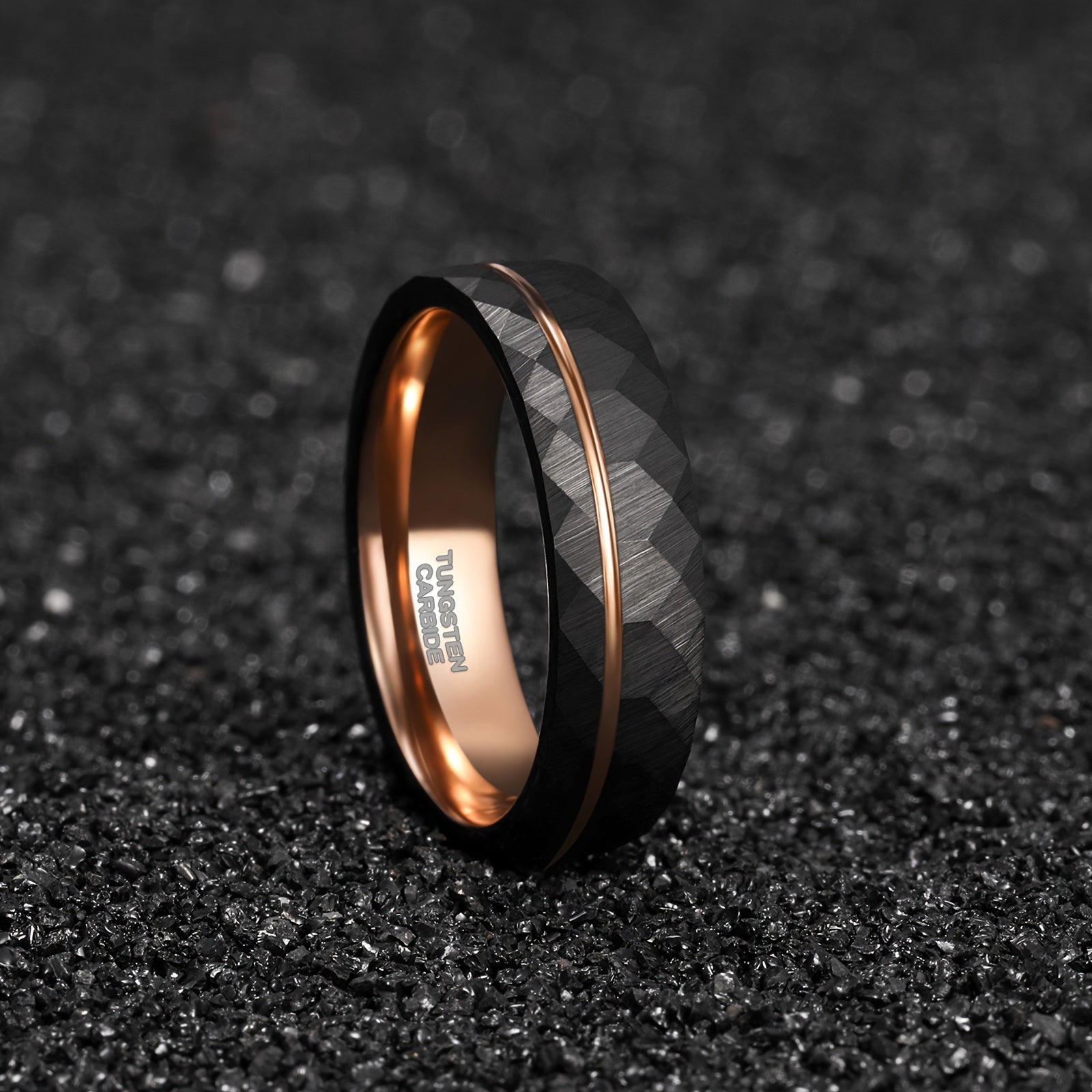 Fashion Inlaid Rose Golden Wire Black Rhombic Men's Tungsten Steel Ring