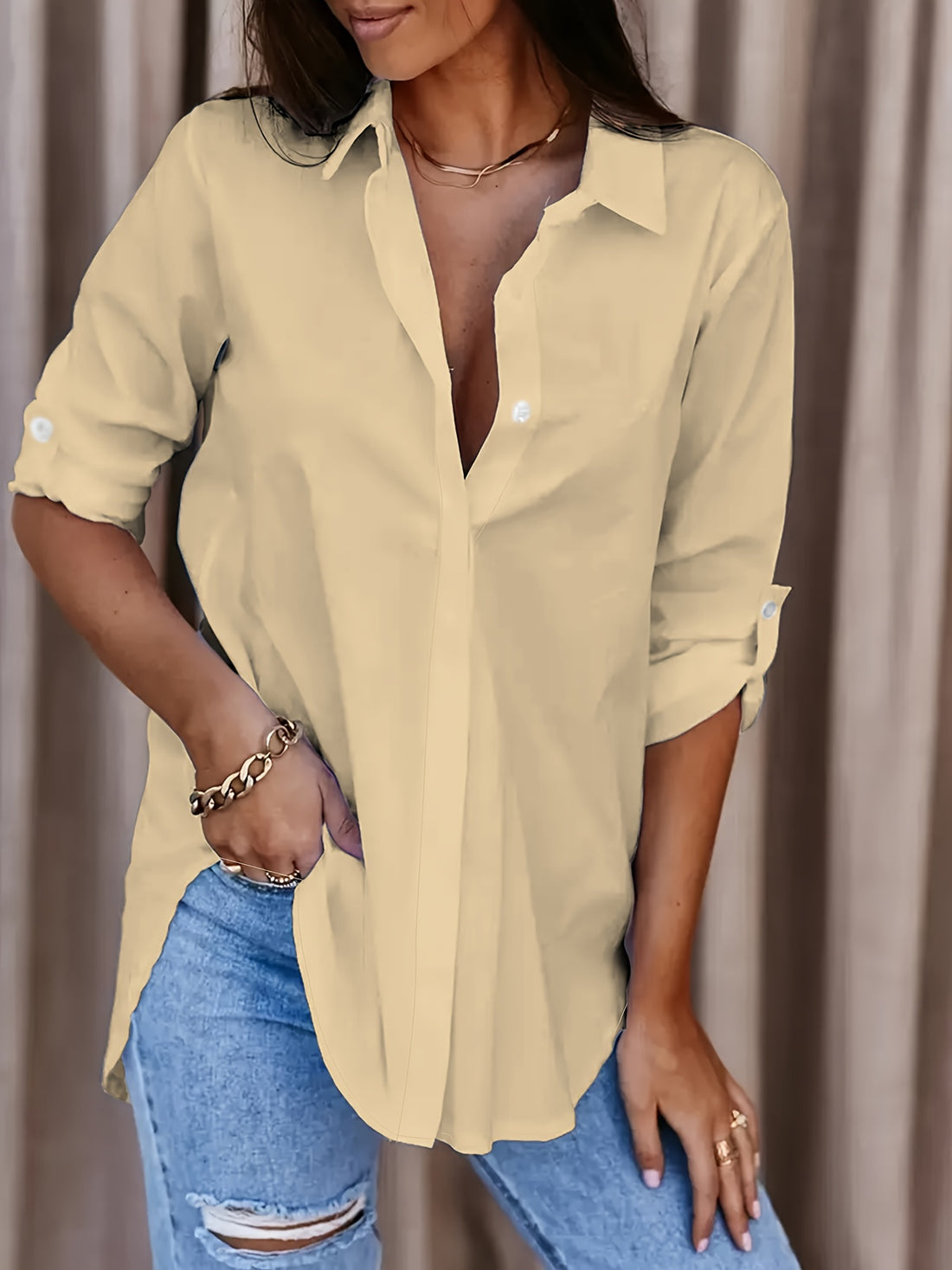 [Women's Office Work Shirt] Solid Button Front Shirt, Casual Turn Down Collar Office Work Shirt, Women's Clothing