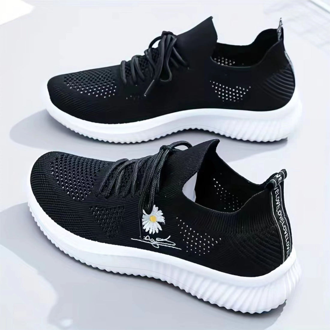 Women's Daisy Knitted Sock Sneakers, Breathable & Comfortable Lace Up Sports Shoes, Casual Running Walking Sneakers