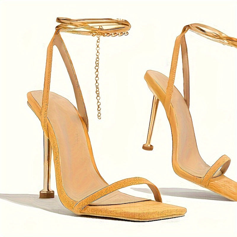 Women's Square Open Toe High Heels, Solid Color Ankle Chain Stiletto Sandals, Party & Dress Shoes