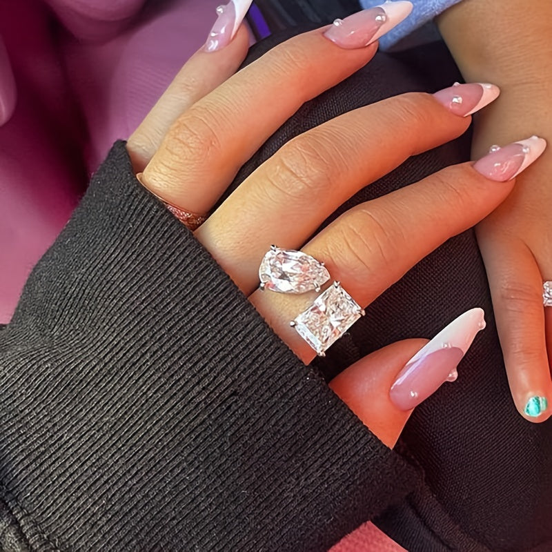 Women's Elegant 925 Silver Plated Open Ring - Geometric Square Synthetic Zirconia, Copper Base - Valentine's Day & Daily Wear | Unique Hand Jewelry | Durable Plating