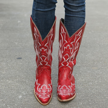 [Retro Cowgirl Boots] Retro Style Women's Western Mid Calf Boots | V-cut Embroidery Cowgirl Boots, Pointed Toe Slip On Shoes