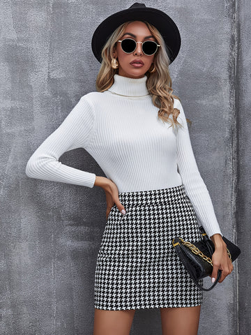 Elegant Houndstooth Skirt, Fashion High Waist Skirt For Work & Office, Women's Clothing