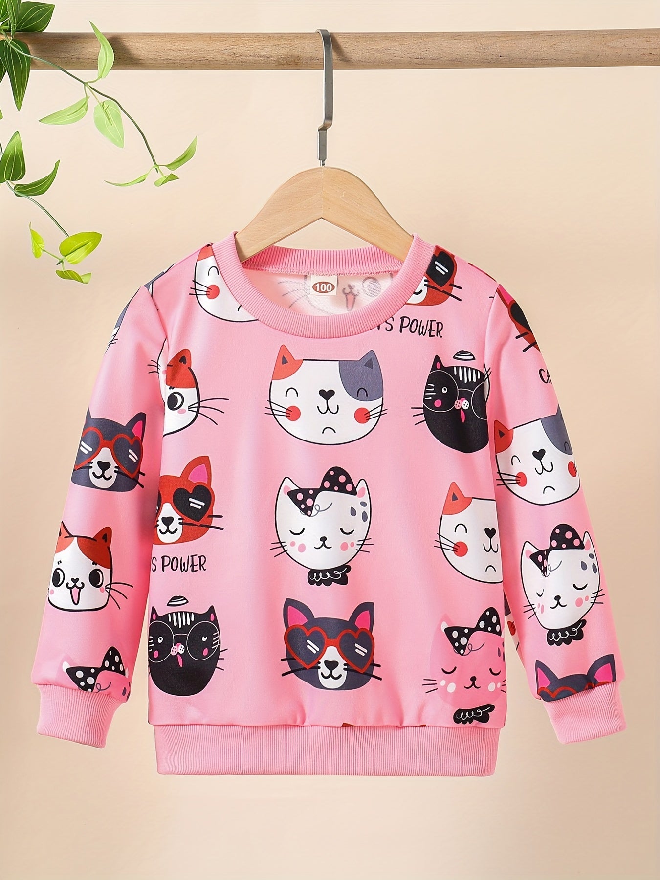 HWMFSNHFZ Girls' Lightweight Long Sleeve Cartoon Cat Print Sweatshirt - Soft Pink Crew Neck Casual Pullover for Spring & Fall, All-Season Comfort, Cute Sweaters