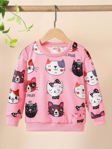 HWMFSNHFZ Girls' Lightweight Long Sleeve Cartoon Cat Print Sweatshirt - Soft Pink Crew Neck Casual Pullover for Spring & Fall, All-Season Comfort, Cute Sweaters