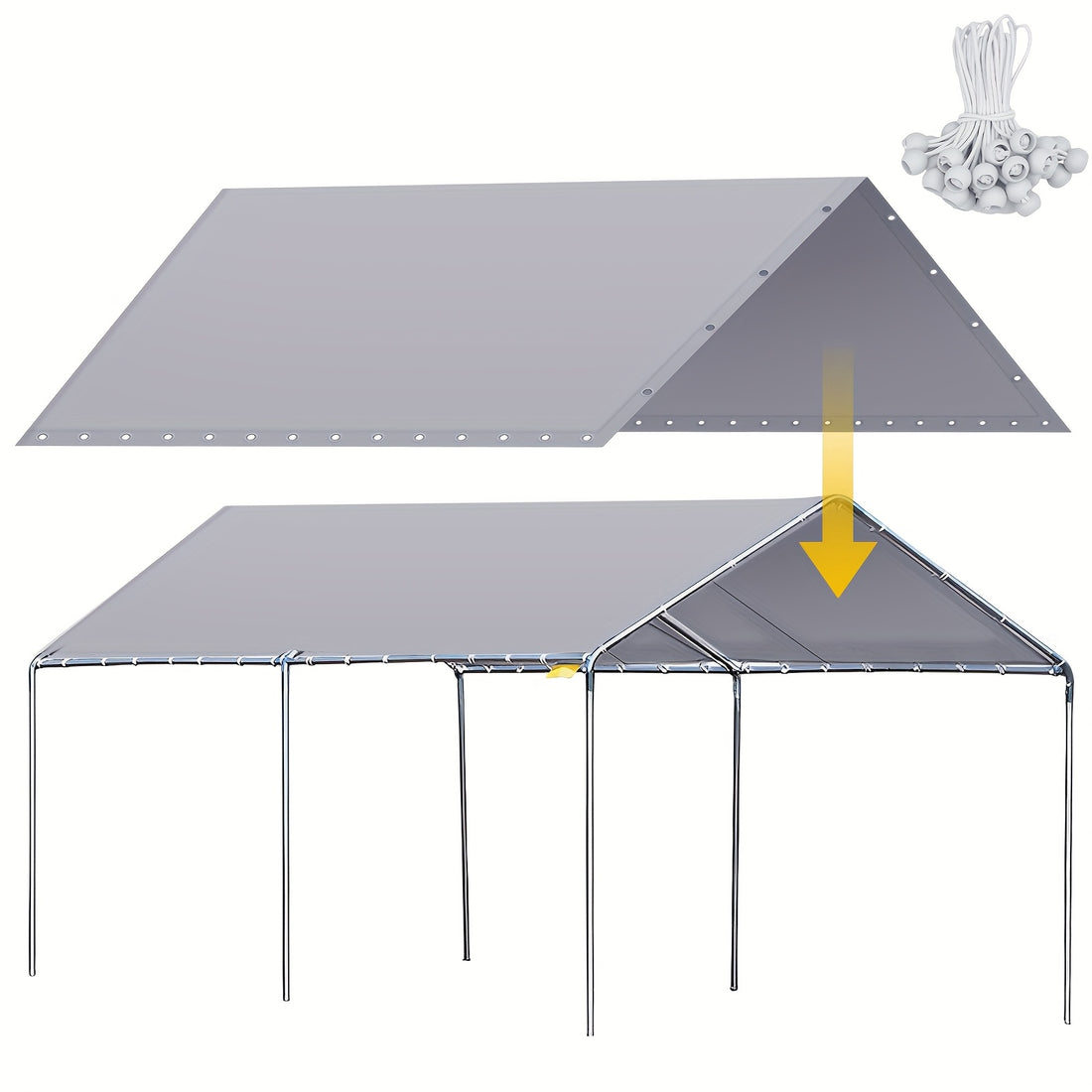 10 x 20ft Heavy Duty Waterproof Canopy Replacement Cover for Carport, Garage, or Car Shelter – Includes 50 Ball Bungees, Reinforced Edges with Metal Grommets, Durable Gray Tarp Tent (Frame Not Included), Shelters for Outsid