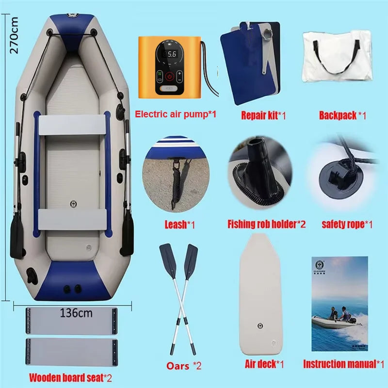 MD270-3 Solarmarine 2.7 M 4 Person Inflatable Kayak Fishing Boat Canoe Air Mat Floor With Luxury Accessories Electric Air Pump