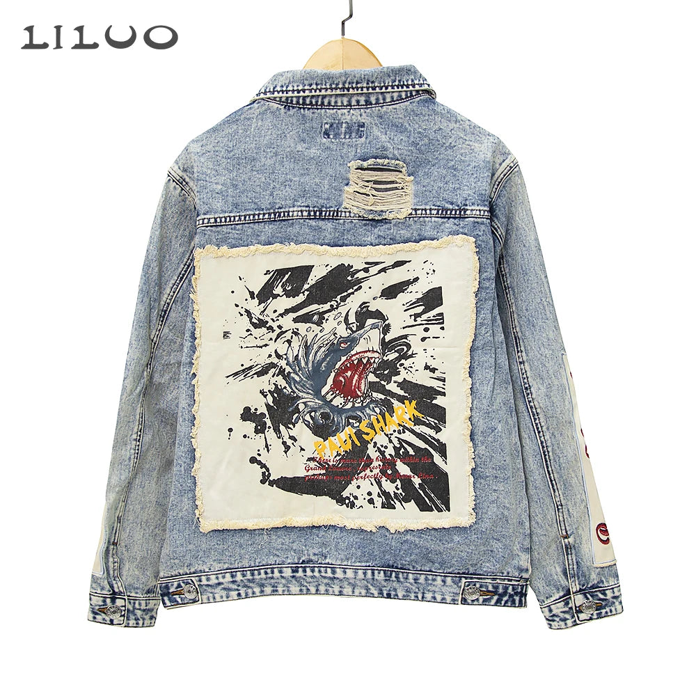 1 Pcs High Quality Male Denim Jacket Casual Solid Color Streetwear Coat Button up Workwear Distressed Patch Pilot Jacket for Men