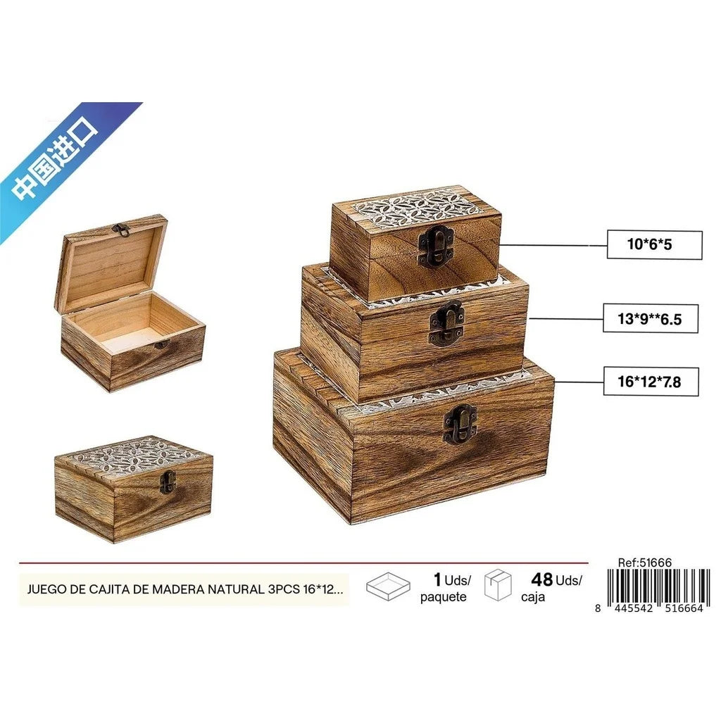 Set of 3 natural wooden boxes, 16 x 12 x 7.8 x 2 cm - Home decoration