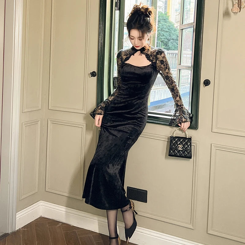ZYHT 20961 Lady Mandarin Collar Sexy Lace Stitching Prom Dress Hollow Out Slim Fit Velvet Fishtail Dresses