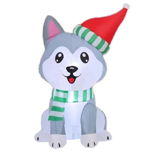 GOOSH 5ft Christmas Inflatables Husky Dogs with Santa Hat Built-in LEDs for Indoor Garden Lawn & Xmas Party Decor for Children