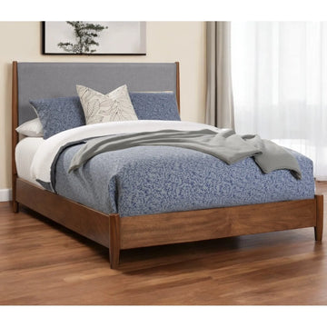 HMS Modern Japanese Design Brown and Gray Solid Oak Queen Bed Frame with Linen Fabric Home Furniture