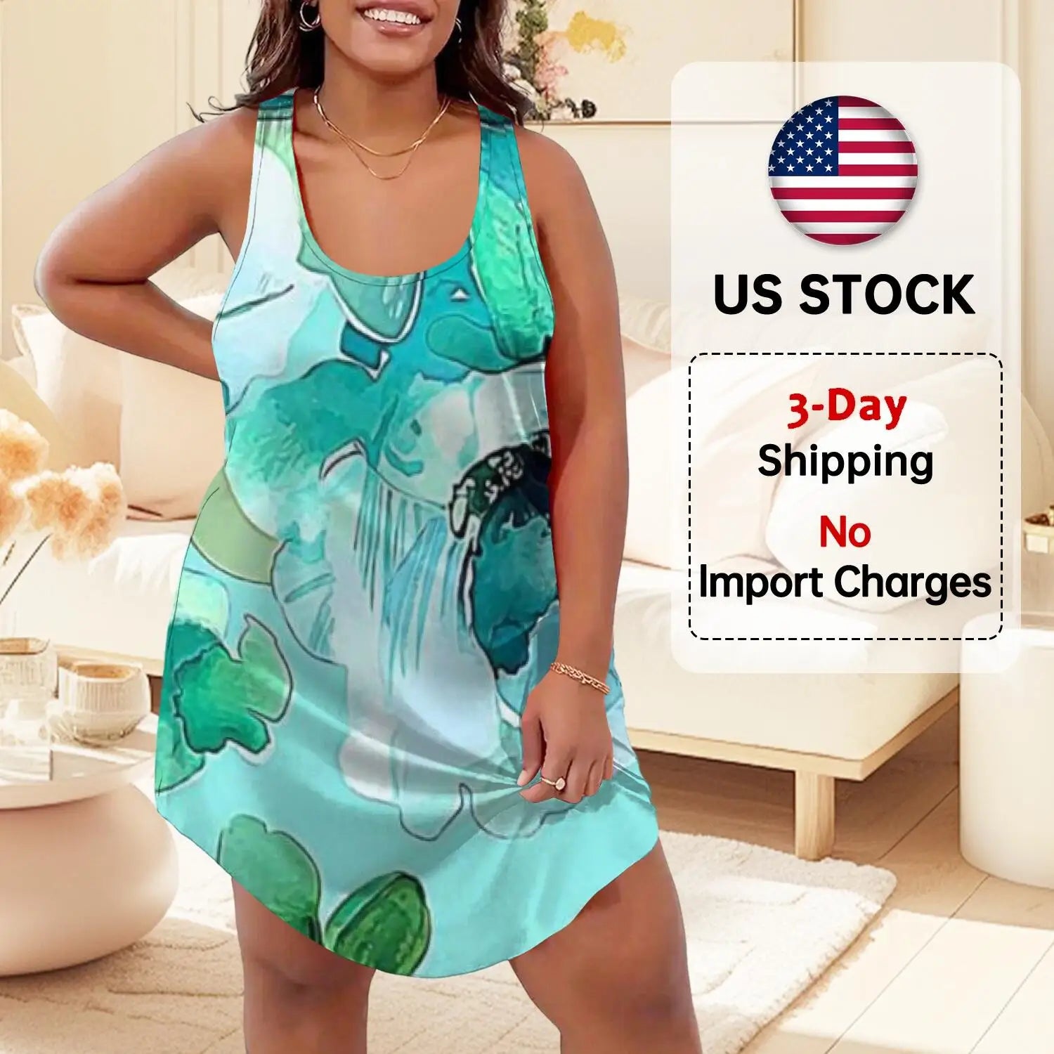 Women's Turquoise Floral Print Sleeveless Sleeve Summer Dress Sports dress Top