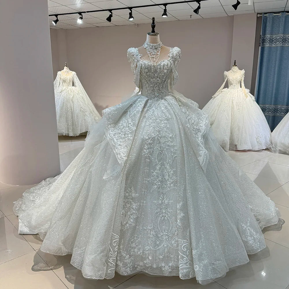 Jancember DW0092 Modern Square Collar Wedding Dress Empire Beaded Puffy Gown Long Lace Skirt Chapel Train Features Floral