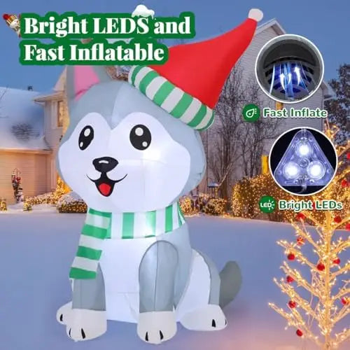 GOOSH 5ft Christmas Inflatables Husky Dogs with Santa Hat Built-in LEDs for Indoor Garden Lawn & Xmas Party Decor for Children