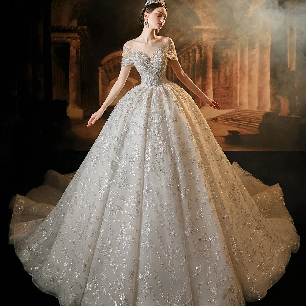 Palace Off the Shoulder Wedding Dresses Sequins Diamond Sequins Applique Boat Neck Ivory Woman Celebrity Bride Gowns LSMX010