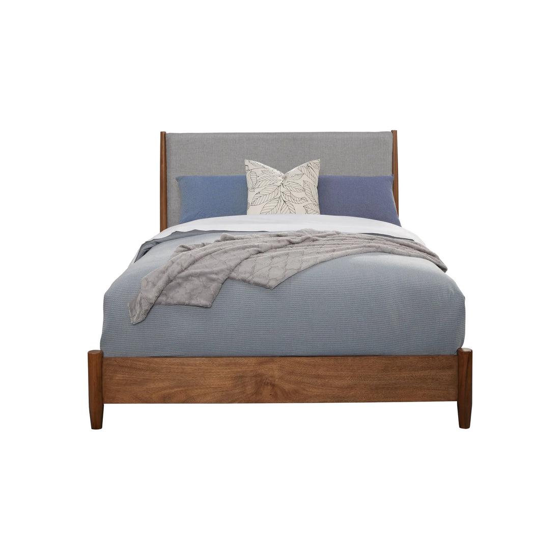 HMS Modern Japanese Design Brown and Gray Solid Oak Queen Bed Frame with Linen Fabric Home Furniture