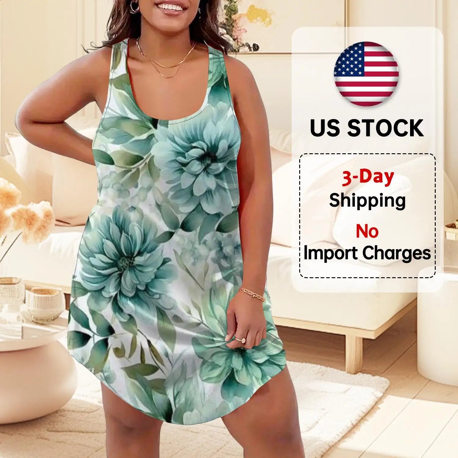 Women's Elegant Floral Sleeveless Sleeve Top Soft Green Aqua Watercolor Print Sleeveless skirt Stylish Summer Casual Comfy Tee