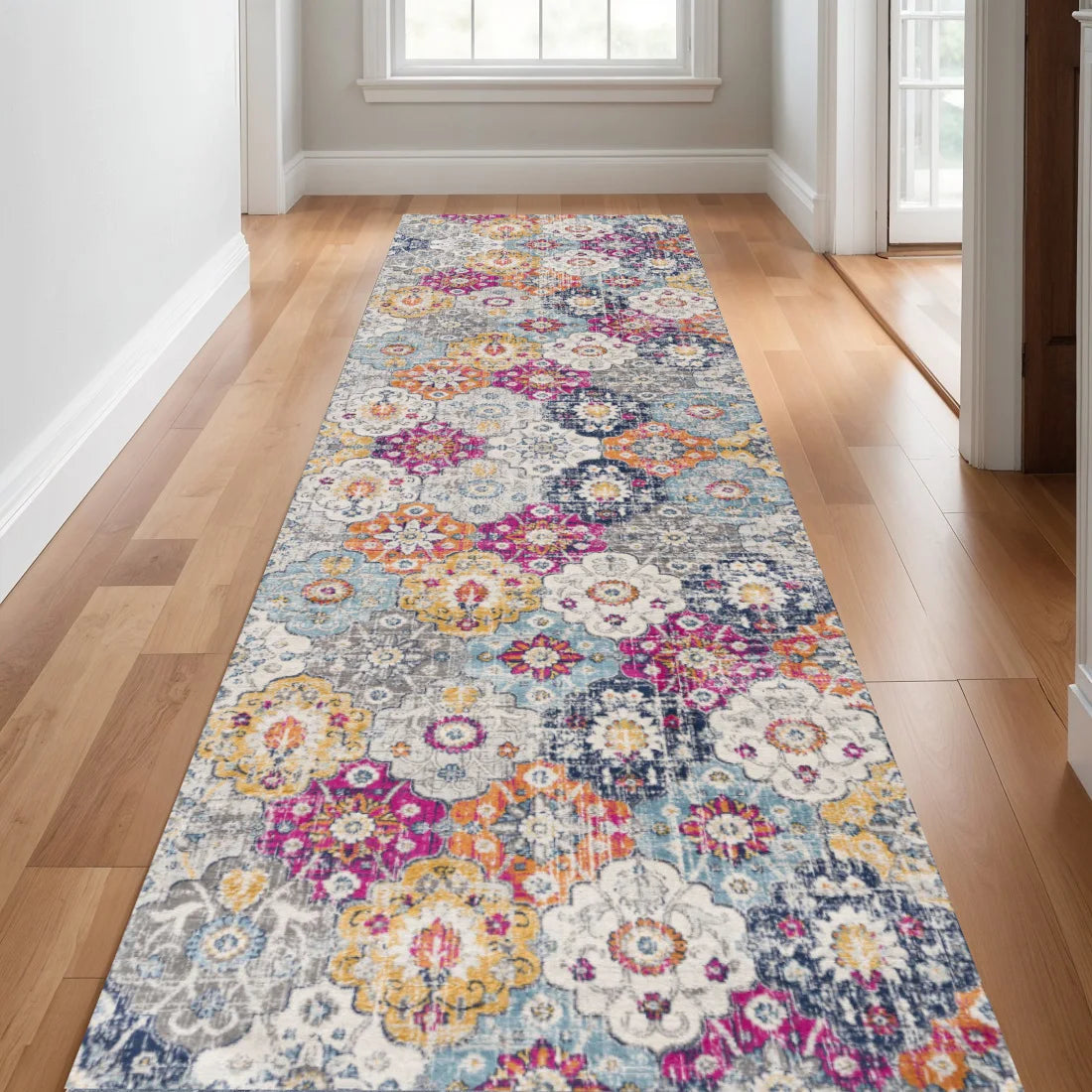 HMS 30' Rust Gray and Sky Blue Floral Runner Area Rug Set