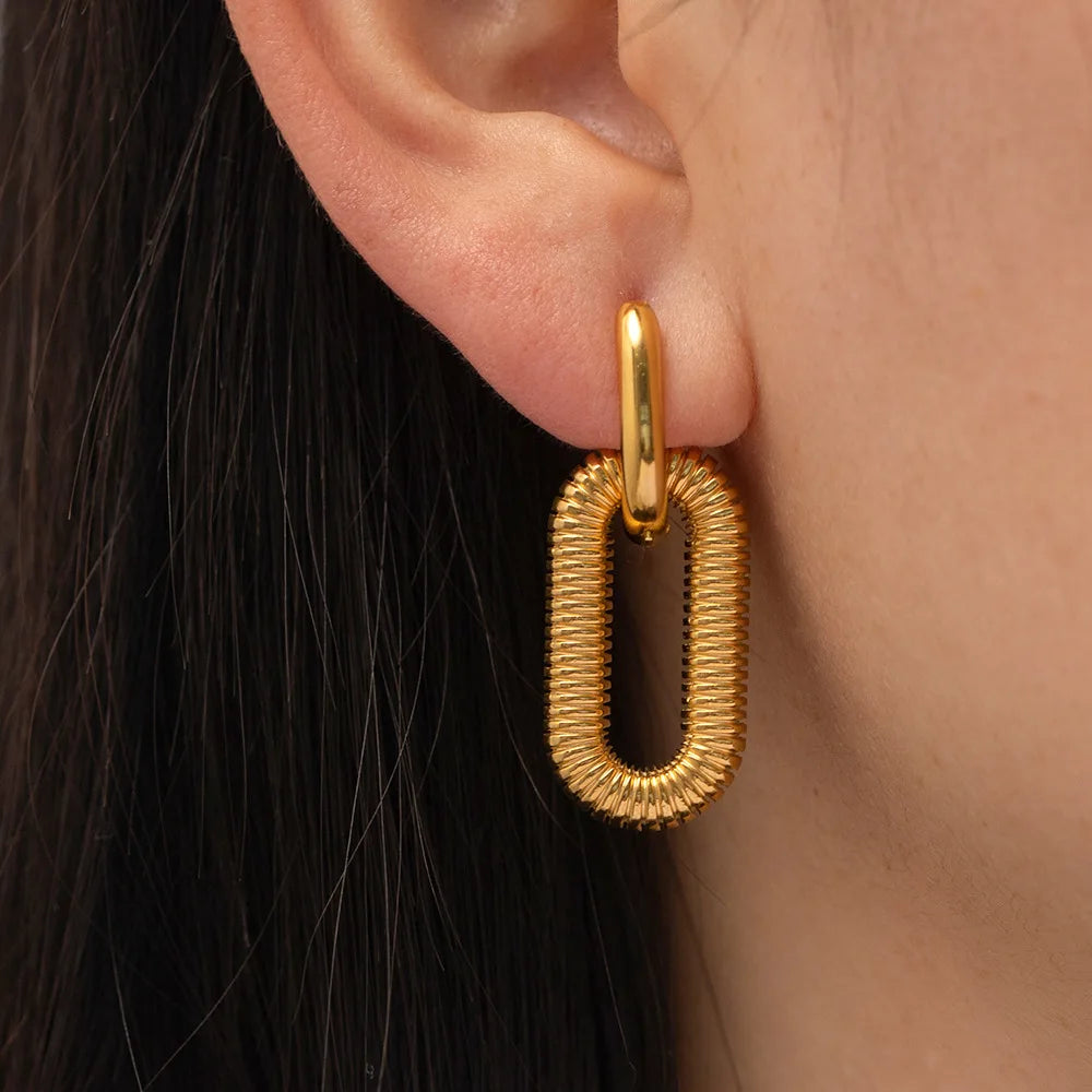 New High Quality Waterproof Double Layer Geometric 18K Gold Plated Stainless Steel Drop Earrings for Girls