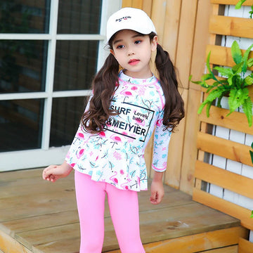 Pink Cute Princess Dress Split Two-Piece Suit Full Body Long Sleeves Pants Sun Protection Female Kids Guard Jellyfish Suit Swimsuit