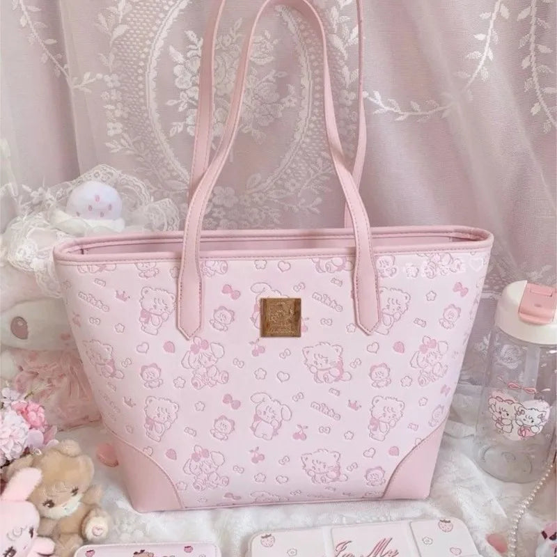 Sweet Cute Pink Tote Bag Purse Women Harajuku Kawaii Print Leather Large Capacity Handbag Girls Harajuku Shoulder Bags Aesthetic